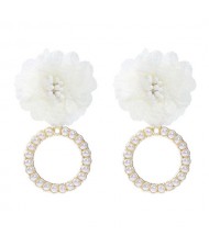Folk Style Cloth Flower Pearl Hoop Spring Fashion Women Boutique Earrings - White