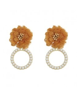 Folk Style Cloth Flower Pearl Hoop Spring Fashion Women Boutique Earrings - Khaki