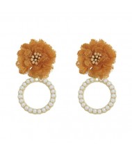 Folk Style Cloth Flower Pearl Hoop Spring Fashion Women Boutique Earrings - Khaki