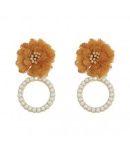 Folk Style Cloth Flower Pearl Hoop Spring Fashion Women Boutique Earrings - Khaki