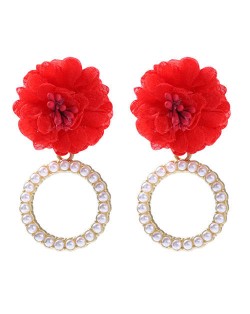 Folk Style Cloth Flower Pearl Hoop Spring Fashion Women Boutique Earrings - Red