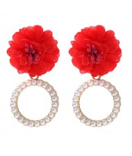 Folk Style Cloth Flower Pearl Hoop Spring Fashion Women Boutique Earrings - Red