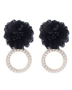 Folk Style Cloth Flower Pearl Hoop Spring Fashion Women Boutique Earrings - Black