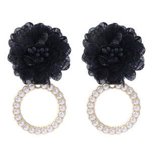 Folk Style Cloth Flower Pearl Hoop Spring Fashion Women Boutique Earrings - Black