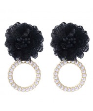 Folk Style Cloth Flower Pearl Hoop Spring Fashion Women Boutique Earrings - Black
