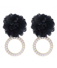 Folk Style Cloth Flower Pearl Hoop Spring Fashion Women Boutique Earrings - Black