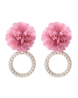 Folk Style Cloth Flower Pearl Hoop Spring Fashion Women Boutique Earrings - Darkish Pink