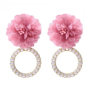 Folk Style Cloth Flower Pearl Hoop Spring Fashion Women Boutique Earrings - Darkish Pink