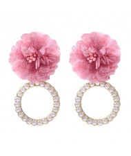 Folk Style Cloth Flower Pearl Hoop Spring Fashion Women Boutique Earrings - Darkish Pink