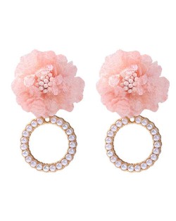 Folk Style Cloth Flower Pearl Hoop Spring Fashion Women Boutique Earrings - Pink