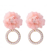 Folk Style Cloth Flower Pearl Hoop Spring Fashion Women Boutique Earrings - Pink