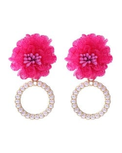 Folk Style Cloth Flower Pearl Hoop Spring Fashion Women Boutique Earrings - Rose