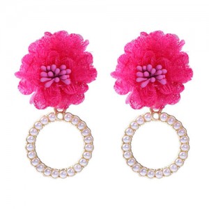 Folk Style Cloth Flower Pearl Hoop Spring Fashion Women Boutique Earrings - Rose