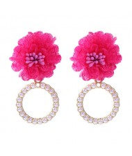 Folk Style Cloth Flower Pearl Hoop Spring Fashion Women Boutique Earrings - Rose