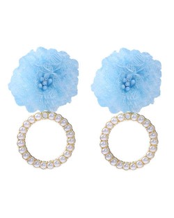 Folk Style Cloth Flower Pearl Hoop Spring Fashion Women Boutique Earrings - Light Blue
