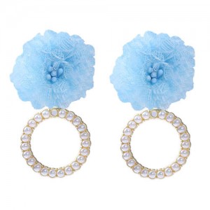 Folk Style Cloth Flower Pearl Hoop Spring Fashion Women Boutique Earrings - Light Blue