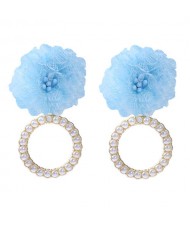 Folk Style Cloth Flower Pearl Hoop Spring Fashion Women Boutique Earrings - Light Blue