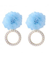Folk Style Cloth Flower Pearl Hoop Spring Fashion Women Boutique Earrings - Light Blue