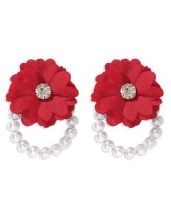 Vivid Red Cloth Flower Pearl Hoop Women Wholesale Costume Earrings