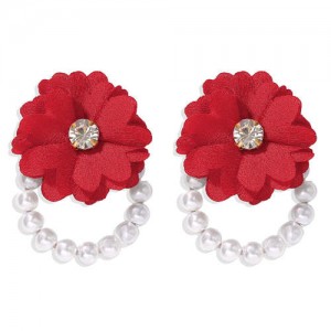 Vivid Red Cloth Flower Pearl Hoop Women Wholesale Costume Earrings