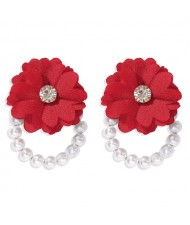 Vivid Red Cloth Flower Pearl Hoop Women Wholesale Costume Earrings