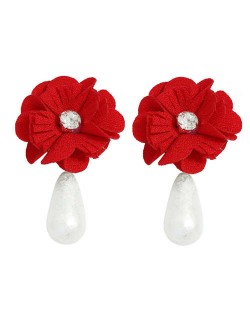 Red Flower with Pearl Pendant Artistic Design Women Boutique Earrings
