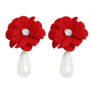 Red Flower with Pearl Pendant Artistic Design Women Boutique Earrings