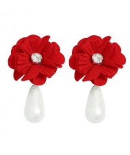 Red Flower with Pearl Pendant Artistic Design Women Boutique Earrings