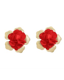 Red Flower with Golden Torus Design Spring Fashion Women Wholesale Earrings