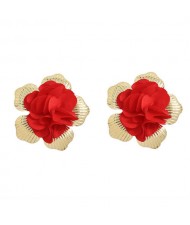 Red Flower with Golden Torus Design Spring Fashion Women Wholesale Earrings
