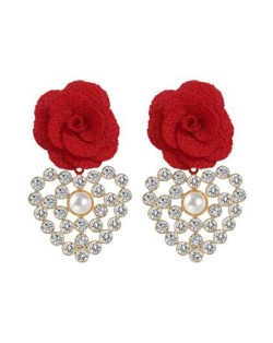 Red Flower and Shining Heart Combo Design European Fashion Women Costume Earrings