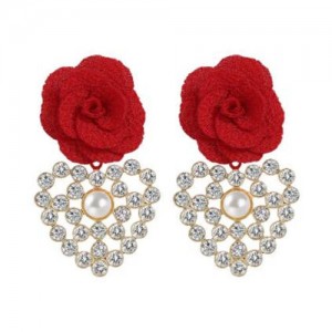 Red Flower and Shining Heart Combo Design European Fashion Women Costume Earrings