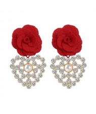 Red Flower and Shining Heart Combo Design European Fashion Women Costume Earrings