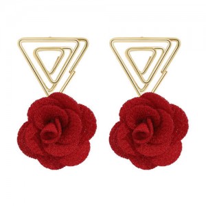 Golden Triangle and Red Flower Combo Design U.S. Fashion Women Costume Earrings
