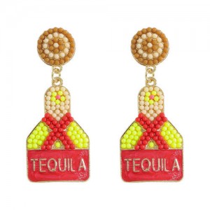 Tequila Bottle Beads Weaving Design Women Wholesale Costume Earrings - Yellow
