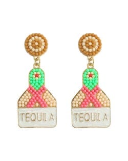 Tequila Bottle Beads Weaving Design Women Wholesale Costume Earrings - Pink