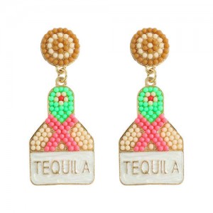 Tequila Bottle Beads Weaving Design Women Wholesale Costume Earrings - Pink