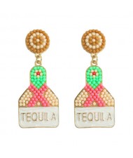 Tequila Bottle Beads Weaving Design Women Wholesale Costume Earrings - Pink