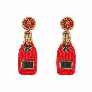 Beads Weaving Bohemian Fashion Wine Bottle Women Dangle Wholesale Earrings - Red