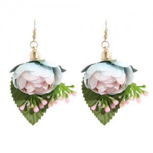 Vivid Flower with Leaves Design Cloth Women Wholesale Costume Earrings - White