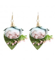 Vivid Flower with Leaves Design Cloth Women Wholesale Costume Earrings - White