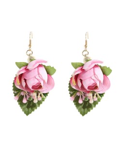 Vivid Flower with Leaves Design Cloth Women Wholesale Costume Earrings - Pink