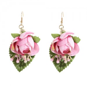 Vivid Flower with Leaves Design Cloth Women Wholesale Costume Earrings - Pink
