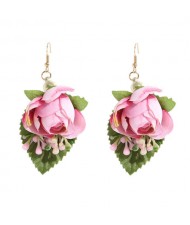 Vivid Flower with Leaves Design Cloth Women Wholesale Costume Earrings - Pink