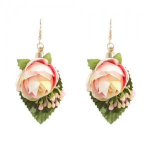 Vivid Flower with Leaves Design Cloth Women Wholesale Costume Earrings - Light Yellow