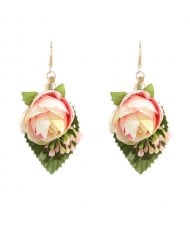 Vivid Flower with Leaves Design Cloth Women Wholesale Costume Earrings - Light Yellow