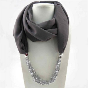 Vintage Autumn and Winter Style Beads Chain Pendant Women Wholesale Scarf Necklace - Gray