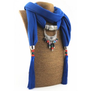 Folk Style Colorful Beads Tassel Vintage Arch Pendant Women Scarf Necklace - Blue