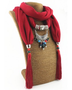 Folk Style Colorful Beads Tassel Vintage Arch Pendant Women Scarf Necklace - Red