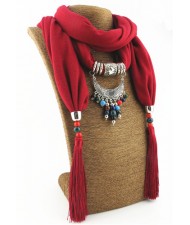 Folk Style Colorful Beads Tassel Vintage Arch Pendant Women Scarf Necklace - Red